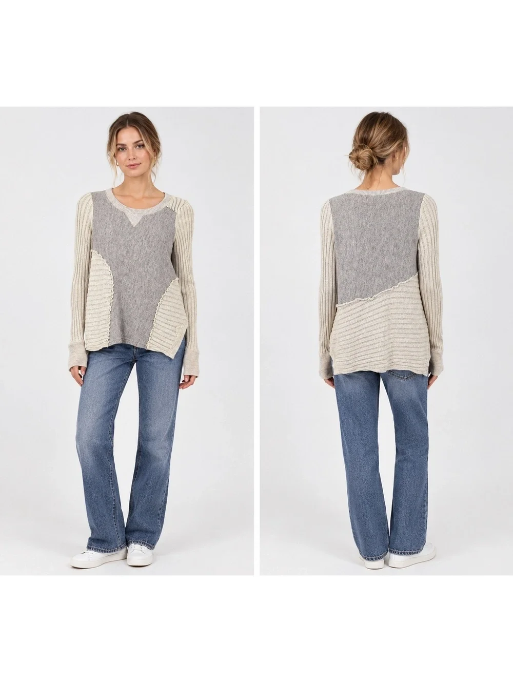Anthropologie Saturday Sunday Woman’s M Mixed Knit Pullover Sweater Gray/Cream